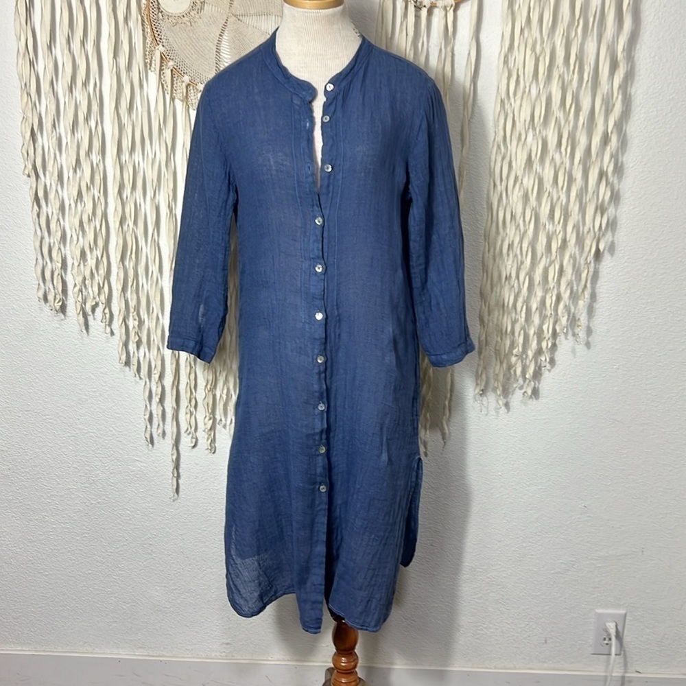 Two Zero One Blue Linen Button Down Duster Size S/M